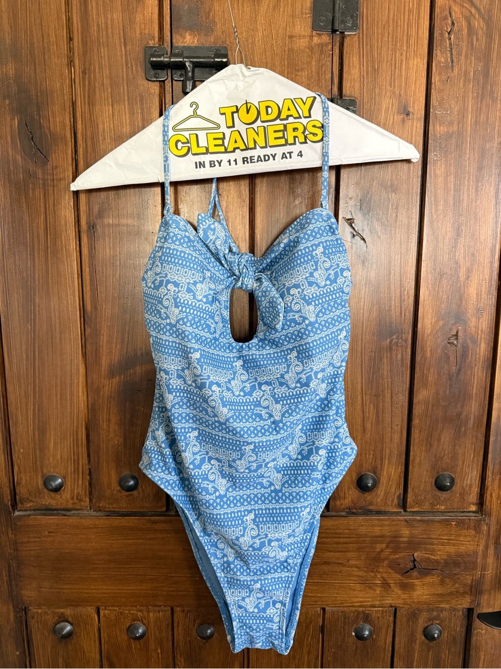 Blue Patterned One-Piece Swimsuit with Front Knot